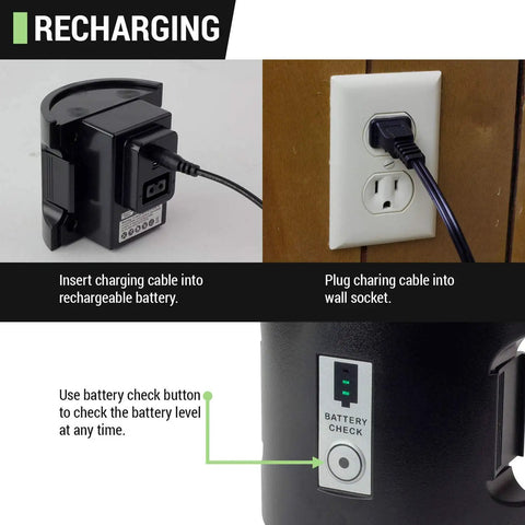 Premium Black Rechargeable Nicad Battery And Charger Kit Compatible With Lighter Weight Tredrums And Tredrumt Electric Drum Pumps Featuring Detachable Holder And No Sweat Install Setup For Your Fish Tank showing battery charging setup.