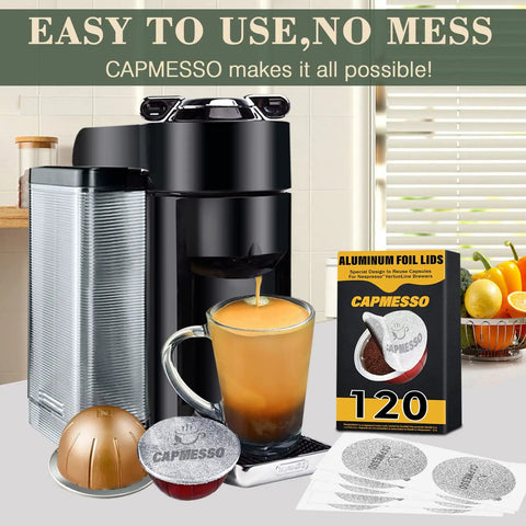 Aluminum Foil Lids For Reusable Nespresso Vertuoline Pods, sticker seals displayed with Vertuoline machine and coffee pod pack.