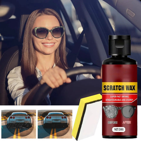 Lens Scratch Remover For Glasses And Eyewear 30g Multi Use Cleaner with bottle, sponge, and scratch repair example.