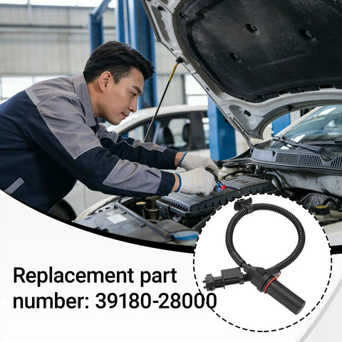Mechanic installing Crankshaft Position Sensor For Hyundai And Kia Engines Replacement OEM No 39180 2B000 in car engine