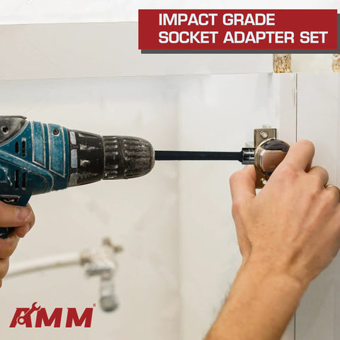 Image showing 9 Piece Impact Socket Adapter Set For Power Drill To High Torque Wrench, 1/4 Inch, 3/8 Inch And 1/2 Inch Drives in use.