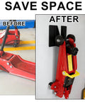 Tough and Reliable 2-Piece Jack Stand Wall Mount Kit for Heavy Duty Hydraulic Trolley Jacks and Car Trailers; before and after installation view.