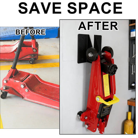 Tough and Reliable 2-Piece Jack Stand Wall Mount Kit for Heavy Duty Hydraulic Trolley Jacks and Car Trailers; before and after installation view.