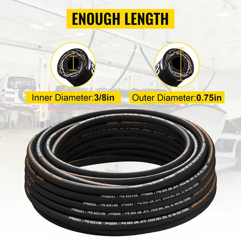Hydraulic Hose Three Eighths Inch By One Hundred Feet Coiled, 4800 PSI, Dual High Tensile Steel Wire Braid, Flexible Bulk Rubber
