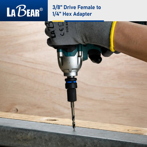 Three Eighths Inch Square Drive To One Quarter Inch Hex Converter With CrMo Steel Quick Release Chuck in use with drill
