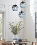 Hand Blown Glass Pendant Lights In Modern Blue With Brushed Nickel Globes, Ideal For Kitchen Island Or Dining Room Table
