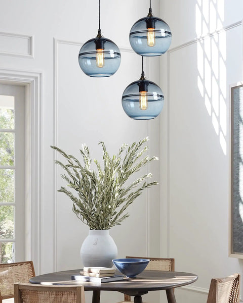 Hand Blown Glass Pendant Lights In Modern Blue With Brushed Nickel Globes, Ideal For Kitchen Island Or Dining Room Table