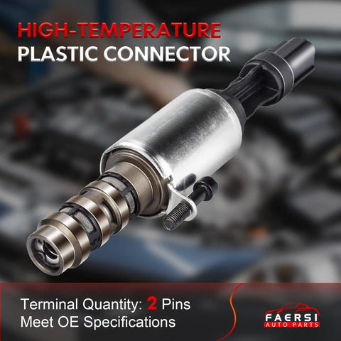 Close-up of high-temperature plastic connector VCT solenoid; fits Ford, Mercury, Lincoln 4.6L/5.4L V8 models, meets OE specifications