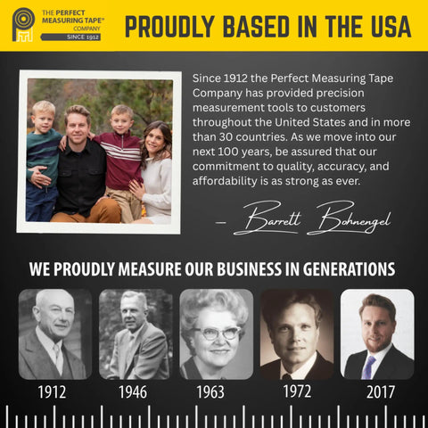 Timeline of company leaders with statement on commitment to quality and accuracy, since 1912, by Perfect Measuring Tape Company.