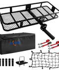 Foldable Hitch Mount Cargo Carrier Basket With 60 Inch Long By 21.5 Inch Wide By 6 Inch High Frame, 500 Lbs Hauling Capacity, Waterproof Cargo Bag Included 58 By 19 By 24, Includes Hitch Stabilizer, Cargo Net, And Ratchet Straps For Easy Road Trips