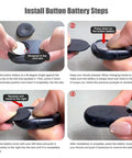 Hands inserting CR2032 battery into Bluetooth 5.0 remote shutter, showing installation steps for the wireless selfie button clicker.