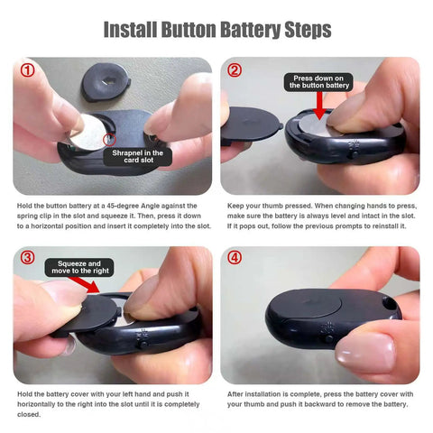 Hands inserting CR2032 battery into Bluetooth 5.0 remote shutter, showing installation steps for the wireless selfie button clicker.