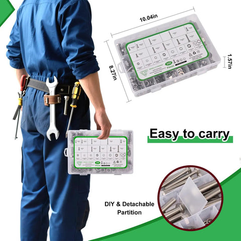 Person holding All In One 260 Piece Metric Hex Bolt And Nut Set M6 M8 M10 In 304 Stainless Steel with Case, DIY partition visible