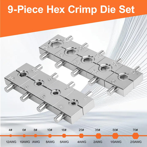 9-piece hex crimp die set for Beefed Up Hydraulic Crimping Tool Kit With 9 Dies For Battery Cables And Wire 12 AWG To 2/0 AWG
