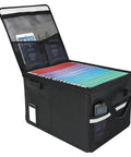 Ultra Durable 6400 Degrees Fahrenheit Fireproof Document Safe Box with Lock open showing organized folders inside.