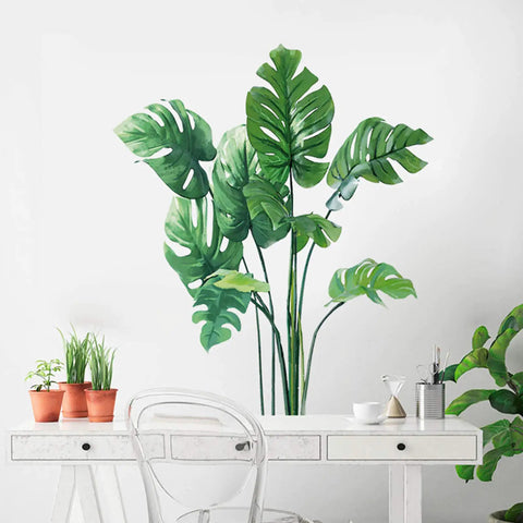 Monstera Wall Decals For Living Room And Bedroom Decor Tropical Plants Wall Stickers Vinyl Mural Kit on white wall above desk