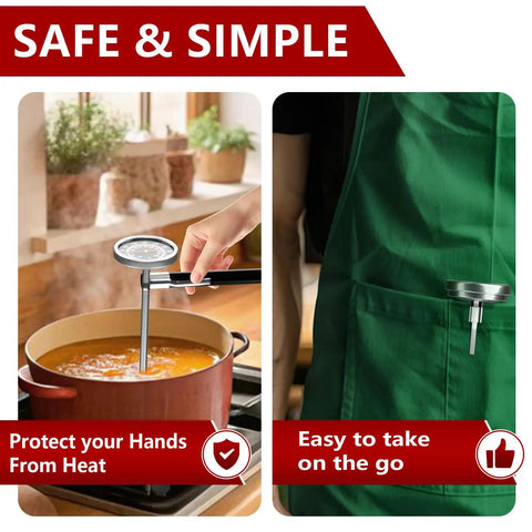 Instant Read Meat Thermometer With Your Go To Five Point Five Inch Stainless Steel Probe And One Point Five Inch Dial For Grilling Steak Chicken Bread Milk Tea And Coffee In The Kitchen showing temperature check in soup and stored in apron pocket.
