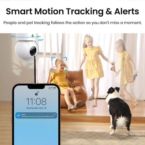 2K Indoor Security Camera With 360 Degree View, Baby Monitor And Pet Camera, tracking child and pet with alert on smartphone