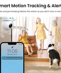 2K Indoor Security Cam for Home, Baby Monitor and Pet Cam, 360-Degree Coverage, 2.4 GHz Wi Fi, showing motion tracking feature.