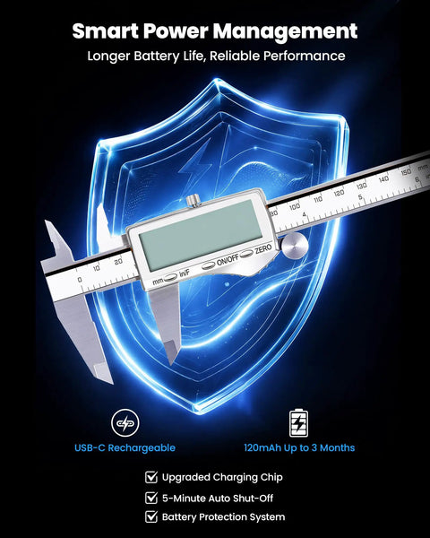 HARDELL Digital Caliper, 6" Rechargeable Calipers with Large LCD Screen showing smart power management features.