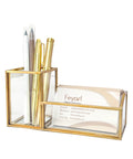 Gold Glass Business Card Holder With Pen And Pencil Tray Desktop Display Stand For Office Organization Countertop Meeting Accessory Anti Scratch Glass Bottom Durable Metal Frame Sleek Desk Top Card Organizer
