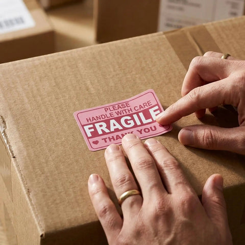 Applying hot pink fragile sticker on box, "Please Handle With Care," part of 500 pack, ultra strong adhesive, easy peel for shipping.