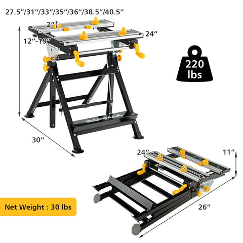 Portable Folding Workbench With Vise And Eight Sliding Clamps Seven Level Height Adjustments Tiltable Extendable Tabletop