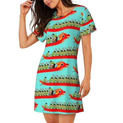 Woman wearing Dragon Boat Racing Inspired Women Sleep Shirt Nightgown Soft Cozy Nightdress With Short Sleeves