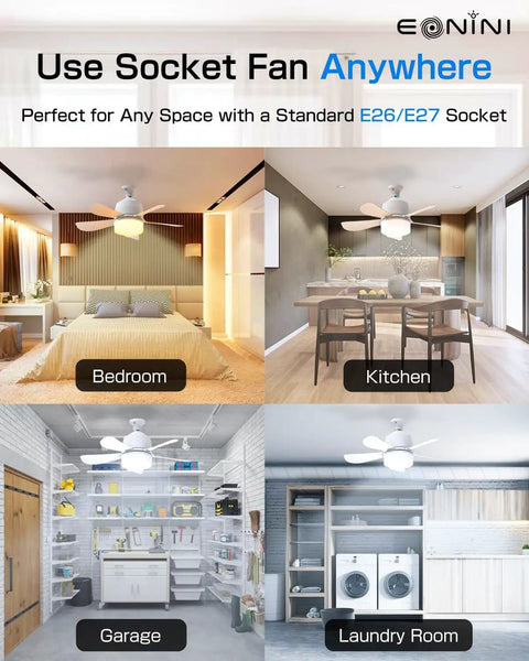 All-In-One Socket Fan Light Ceiling Fan With Remote, 16-Inch Ultra Quiet 5-Blade Fixture in bedroom, kitchen, garage, laundry room settings.