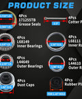 Diagram showing 4 Pack Heavy Duty Trailer Hub Bearing Kit components: grease seals, cotter pins, bearings, races, caps, plugs.