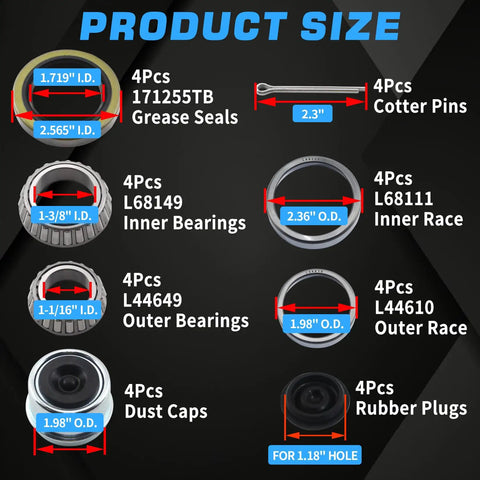 Diagram showing 4 Pack Heavy Duty Trailer Hub Bearing Kit components: grease seals, cotter pins, bearings, races, caps, plugs.