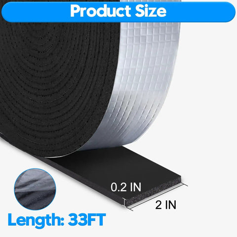 Close-up of 2 Inch By 33 Foot Outdoor Pipe Insulation Wrap Self Adhering Foam Tape For Winter Freeze Protection, showing dimensions