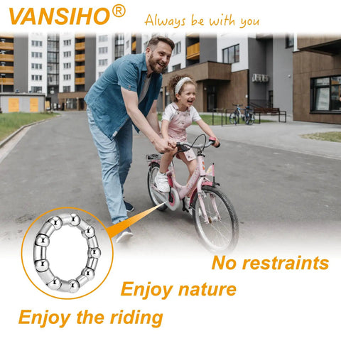 Man guiding child on bike with highlighted Four Piece Crank Bearing Set With Five Sixteenth Inch Ball Size And Nine Balls For BMX Beach Cruisers.