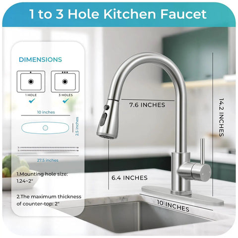 Slick Brushed Nickel Kitchen Faucet With Pull Down Sprayer High Arc Spout 18 Inch Hose Deck Plate dimensions in inches