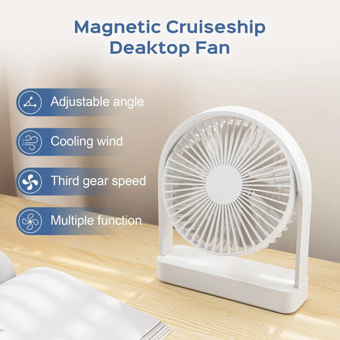 Magnetic Cruise Ship Desk Fan USB C Powered Portable With Strong Magnetic Base 3 Speed Quiet Operation Adjustable 140 Degree Tilt Ideal For Cruises Office Home Travel