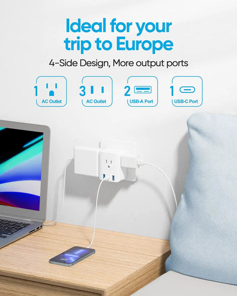 Seven In One Foldable European Travel Plug Adapter With Four AC Outlets And Three USB Ports Type C for Europe on a wall