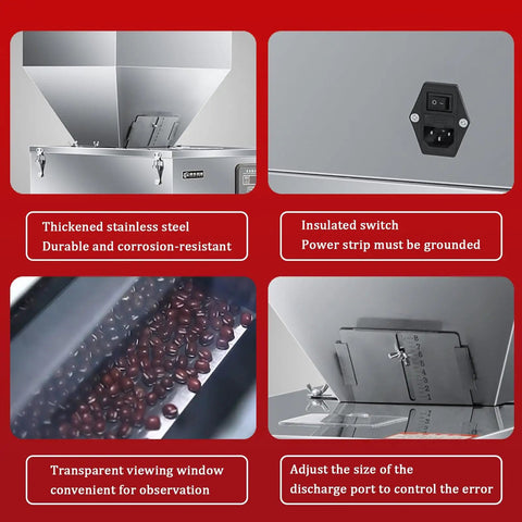 Hassle Free Automatic Powder And Granule Filling Machine With Smart Controls showing stainless steel, adjustable discharge port, and transparent viewing window.