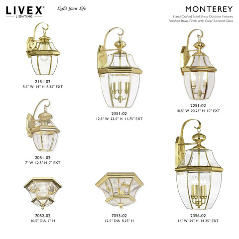Monterey Two Light Outdoor Wall Lantern in Polished Brass Finish, Handcrafted Solid Brass with Clear Beveled Glass, multiple angles