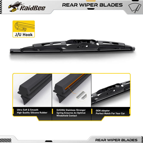 No Sweat Ten Inch Rear Wiper Blade Slick Streak Free Smooth Operator Oem Replacement showing J/U hook and silicone rubber design.