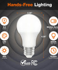 Motion Sensor A19 LED Bulb For Dusk To Dawn Security Lighting, 8.5W No Fuss 60W Equivalent, Frosted Finish, 90 CRI, Damp Rated, 5000K Daylight, Porch And Garage Safety Light, Easy Install, 2 Pack, white bulb with size icons