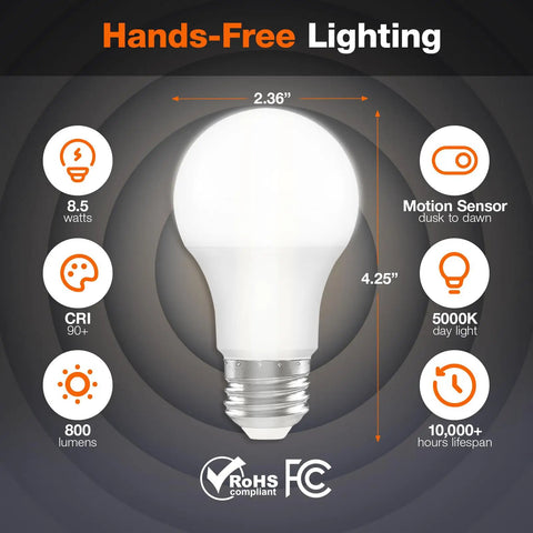 Motion Sensor A19 LED Bulb For Dusk To Dawn Security Lighting, 8.5W No Fuss 60W Equivalent, Frosted Finish, 90 CRI, Damp Rated, 5000K Daylight, Porch And Garage Safety Light, Easy Install, 2 Pack, white bulb with size icons