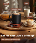 Electric Coffee Cup Warmer With Auto Shut Off And Nine Temperature Settings 36W Rapid Desk Mug Heater with cup and teapot on wooden table.
