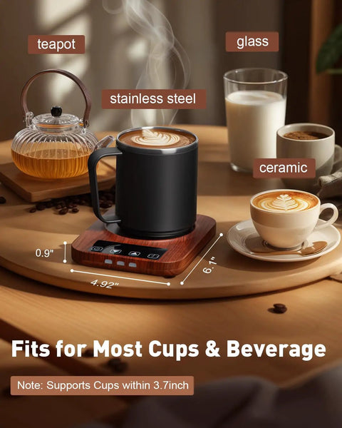 Electric Coffee Cup Warmer With Auto Shut Off And Nine Temperature Settings 36W Rapid Desk Mug Heater with cup and teapot on wooden table.