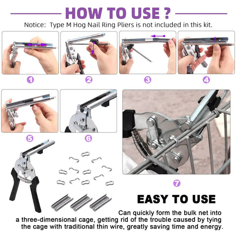 3000Pcs Pro Grade Upholstery Type M Hog Nail Rings Kit For Fence Fastening And Upholstery Installation Includes M Nails M Clips M Staples For Animal Cages And Heavy Duty Tacking, pliers in use on wire cage
