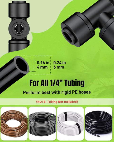 Diagram of Push To Connect Quarter Inch Drip Irrigation Tee Fittings with tubing size compatibility and types of tubing shown.