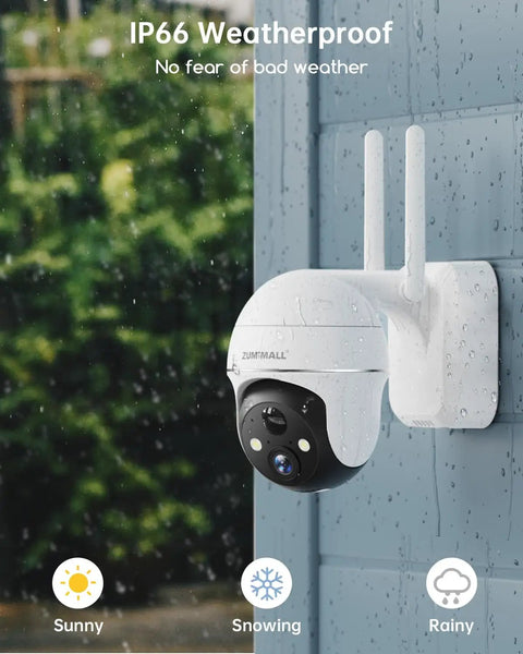Wireless Outdoor Security Camera With Battery Power mounted outside on a wall showing its weatherproof feature in rainy conditions