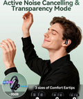 Person wearing active noise cancelling wireless earbuds with earhooks; shows 3 eartip sizes and noise reduction feature.