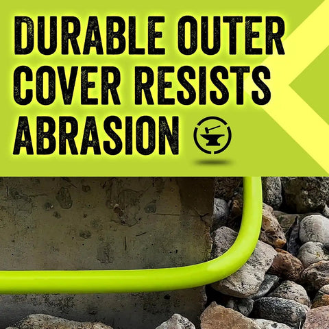 Top Tier 5 8 Inch By 75 Foot Garden Hose With Swivel Grip Connectors showing durable outer cover that resists abrasion.