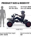 Beast Electric Go Kart For Adults And Teens With 48V 2000W Motor Peak 2500W, side view showing size and rider fit diagram.