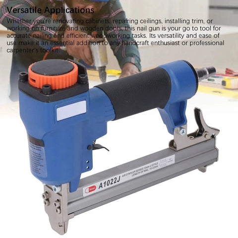 Sleek Lightweight Pneumatic Brad Nailer Badass Aluminum Build Zero Jam Design close-up view with comfy grip for carpentry tasks.